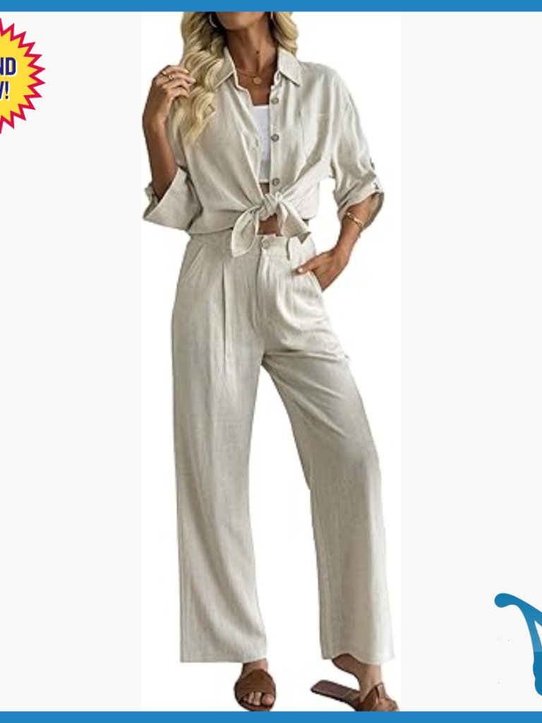 Linen Blend 2-Piece Set With 3/4 Sleeve Shirt And Wide Leg Pants